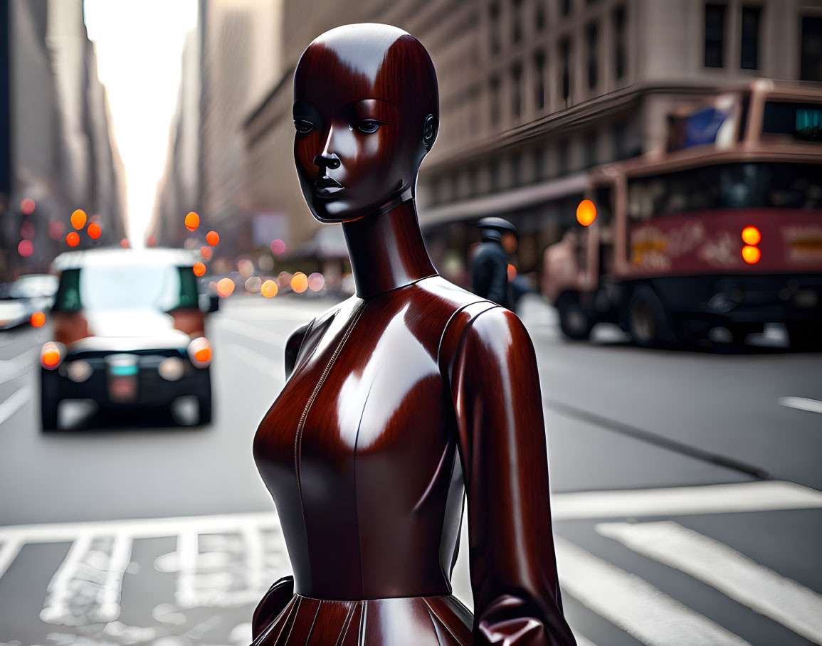 Glossy mannequin poses in urban street setting