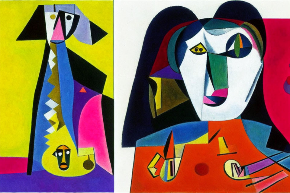Vibrant abstract paintings: dog on left, geometric woman's face on right