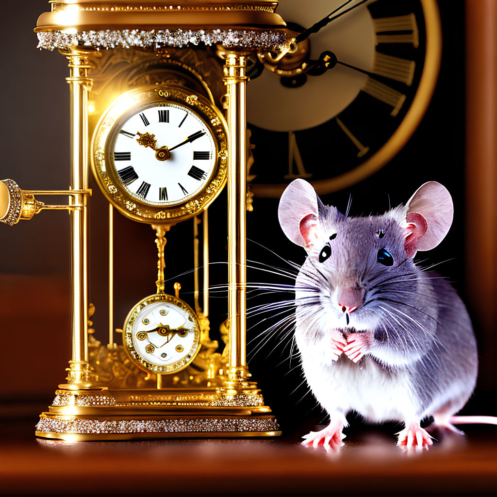 Grey Mouse beside Ornate Golden Pendulum Clock