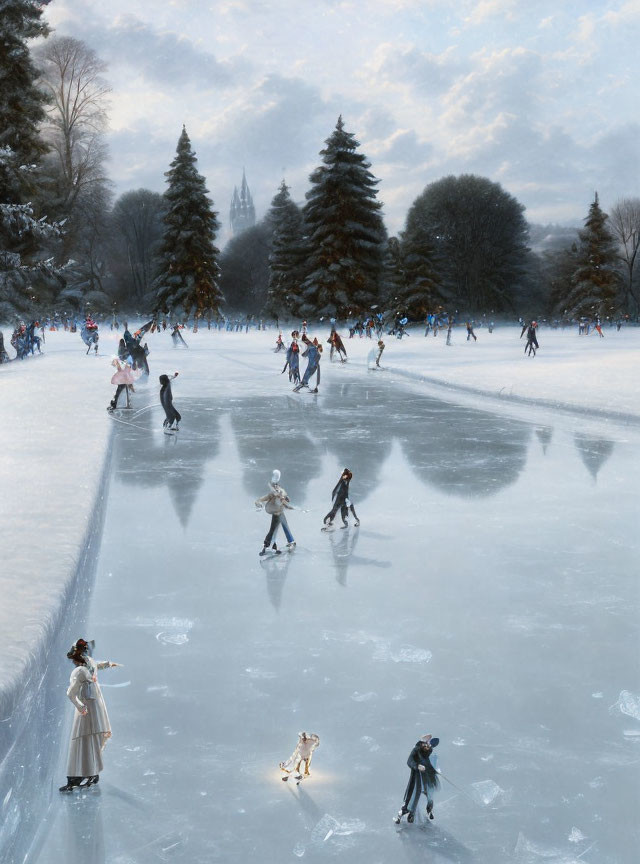 Outdoor ice skating on frozen rink with snowy trees and wintry background