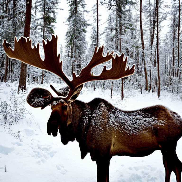 Large-antlered moose in snowy forest with snow-covered trees