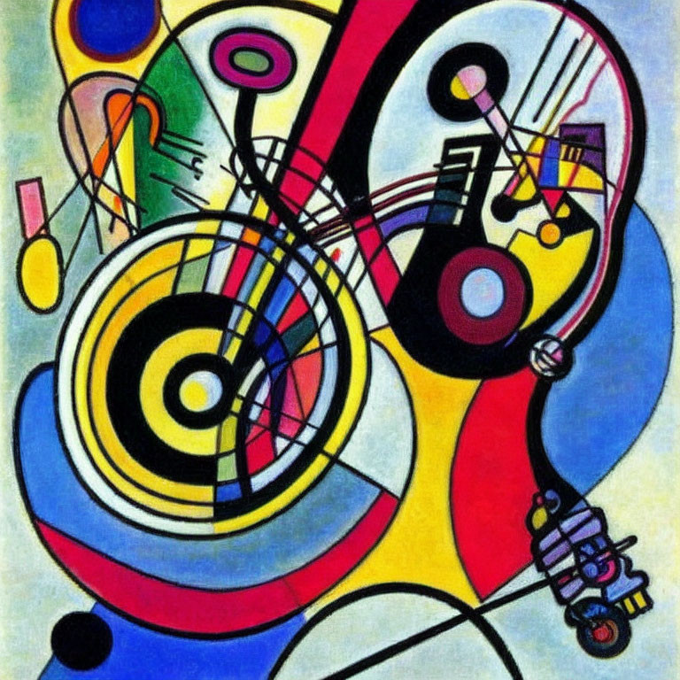 Geometric shapes and bold colors in abstract painting with musical inspiration.