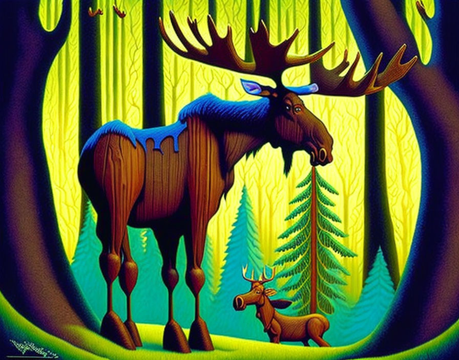 Vibrant forest scene with stylized moose and hidden figure