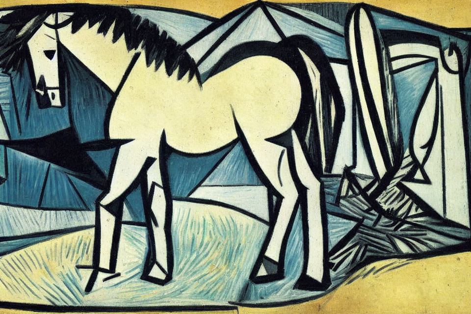 Cubist-style abstract horse with fragmented shapes in yellow and blue