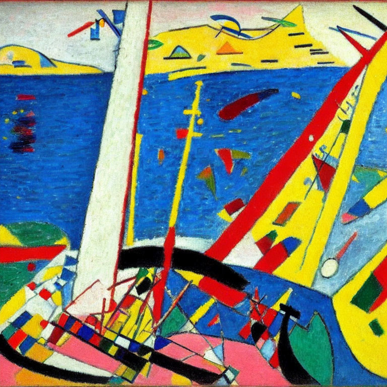 Vibrant abstract painting: sailboats, geometric shapes, blue water, yellow and red landscape