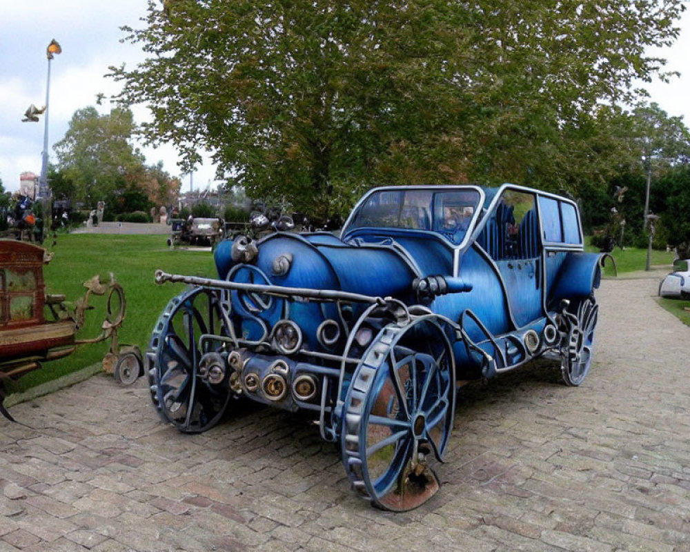 Whimsical blue vintage car sculpture with exaggerated features