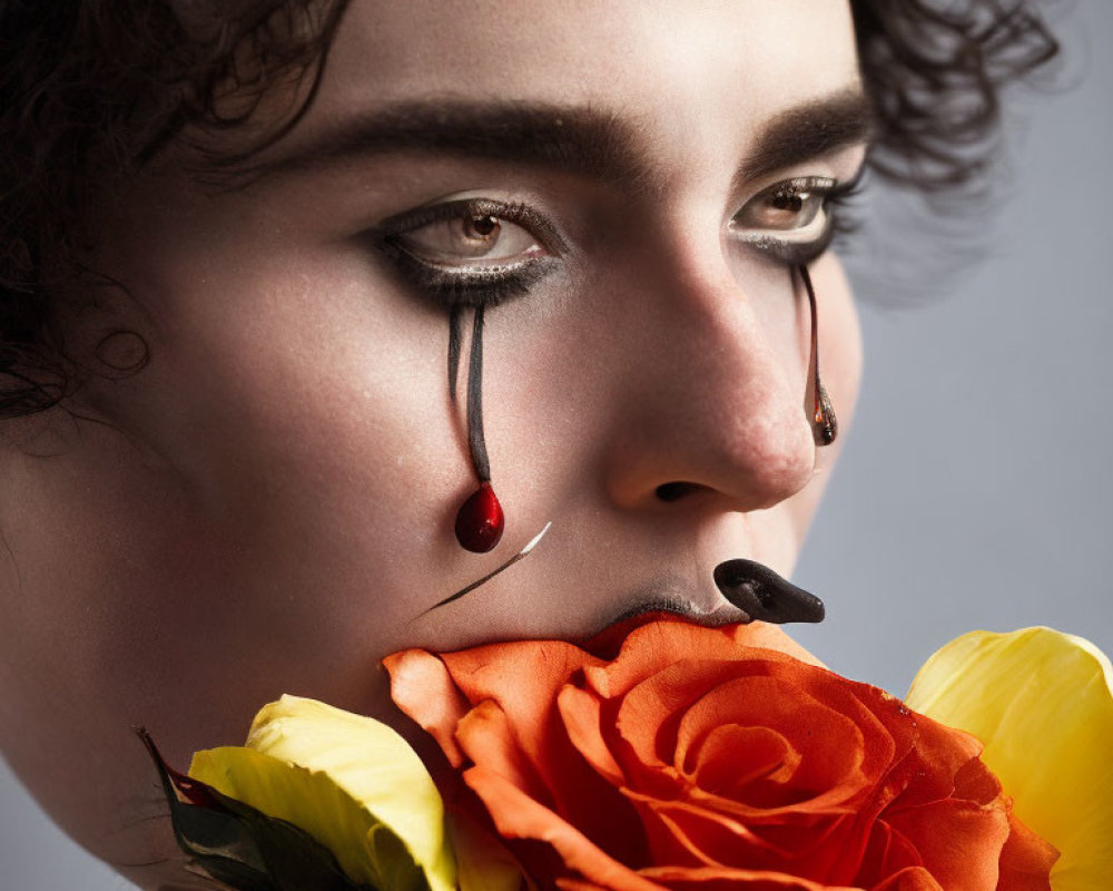 Person with stylized makeup and teardrop gem holding colorful rose.