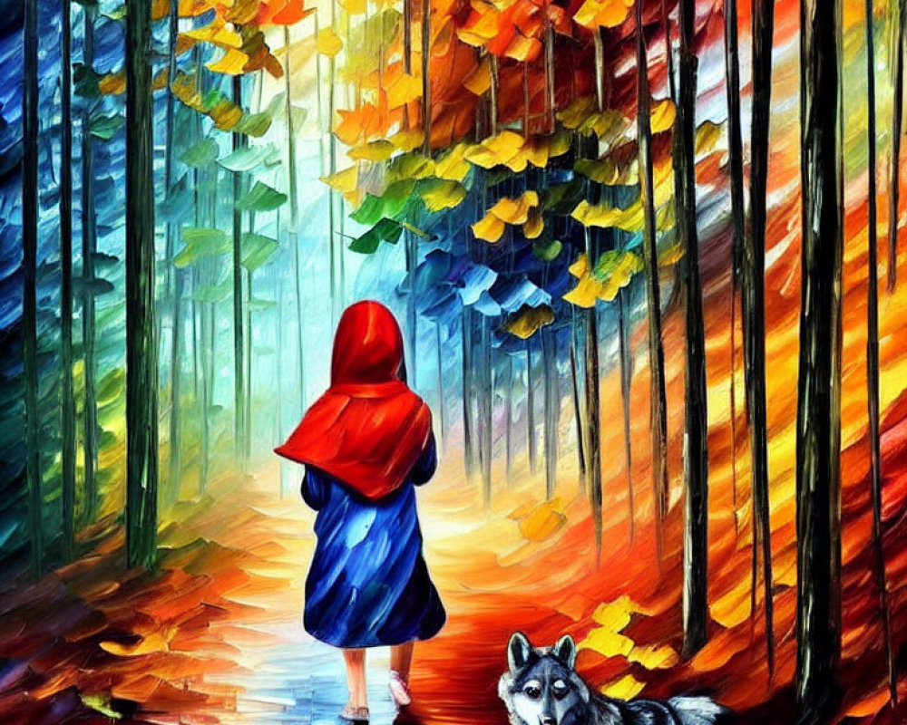 Vibrant painting of girl in red hood walking with husky in autumn forest