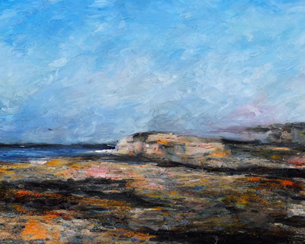 Rocky Shoreline Impressionistic Painting with Blue Sky