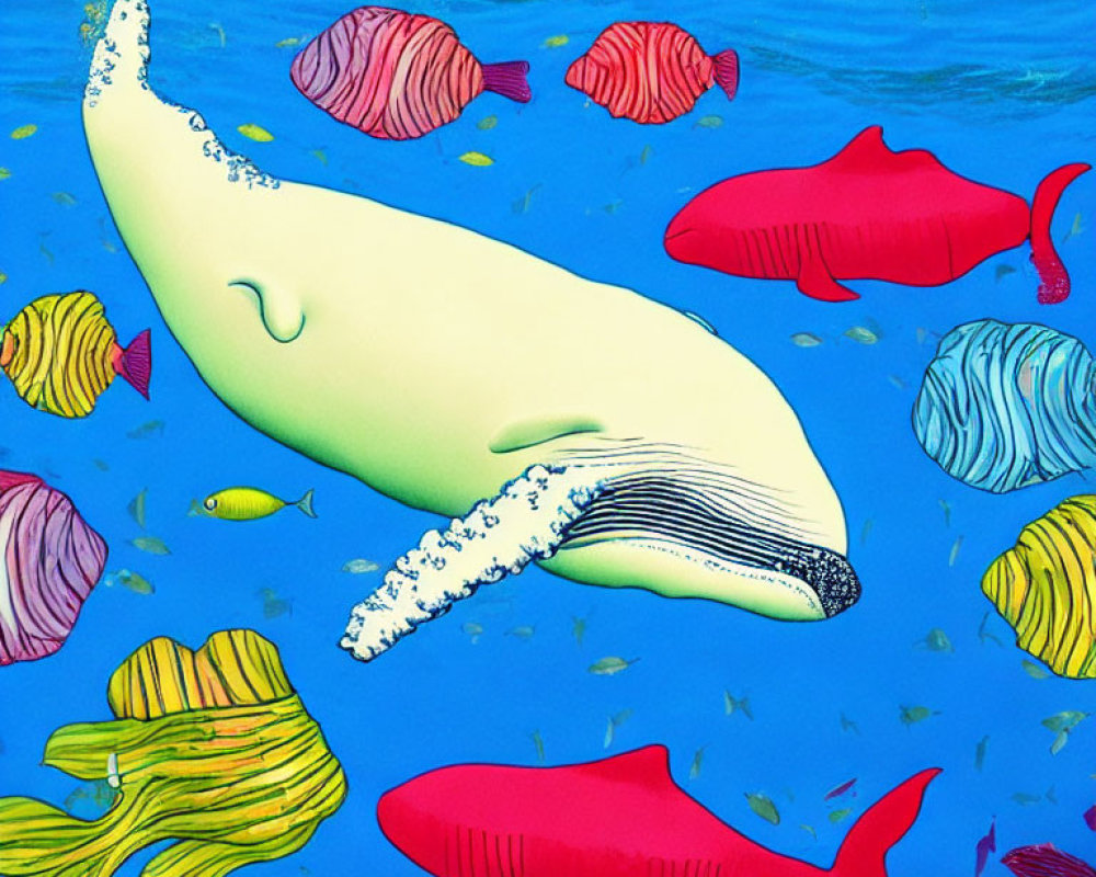 Vibrant Underwater Scene: Smiling White Whale and Colorful Fish in Blue Ocean