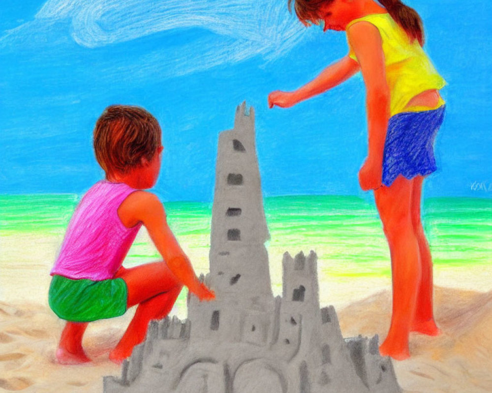 Children building sandcastle on sunny beach with blue sky and ocean.