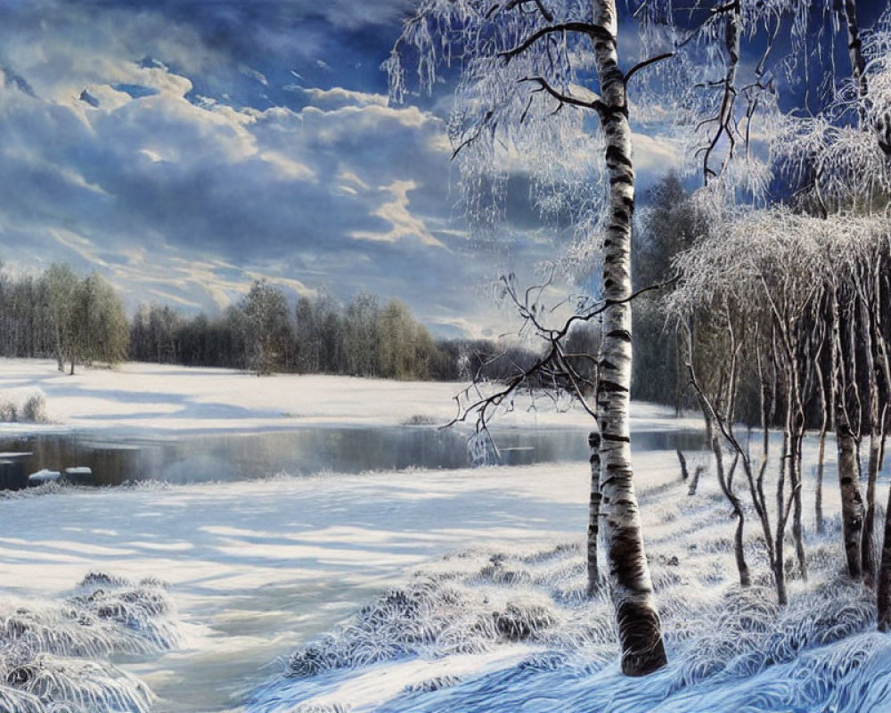 Snow-covered Winter Landscape with Frozen Lake and Bare Trees