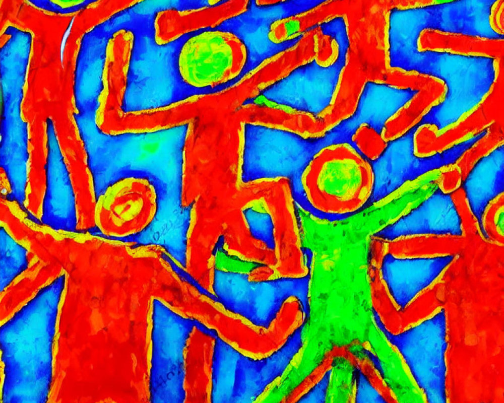 Abstract red and green primitive figures on vibrant blue background