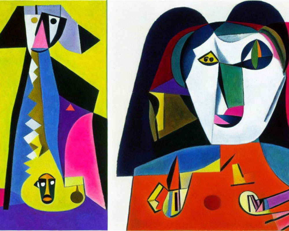 Vibrant abstract paintings: dog on left, geometric woman's face on right