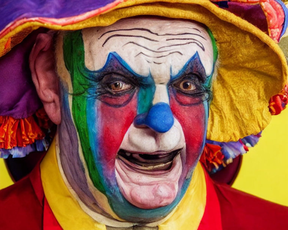 Colorful Clown Costume with Exaggerated Makeup and Vivid Expression