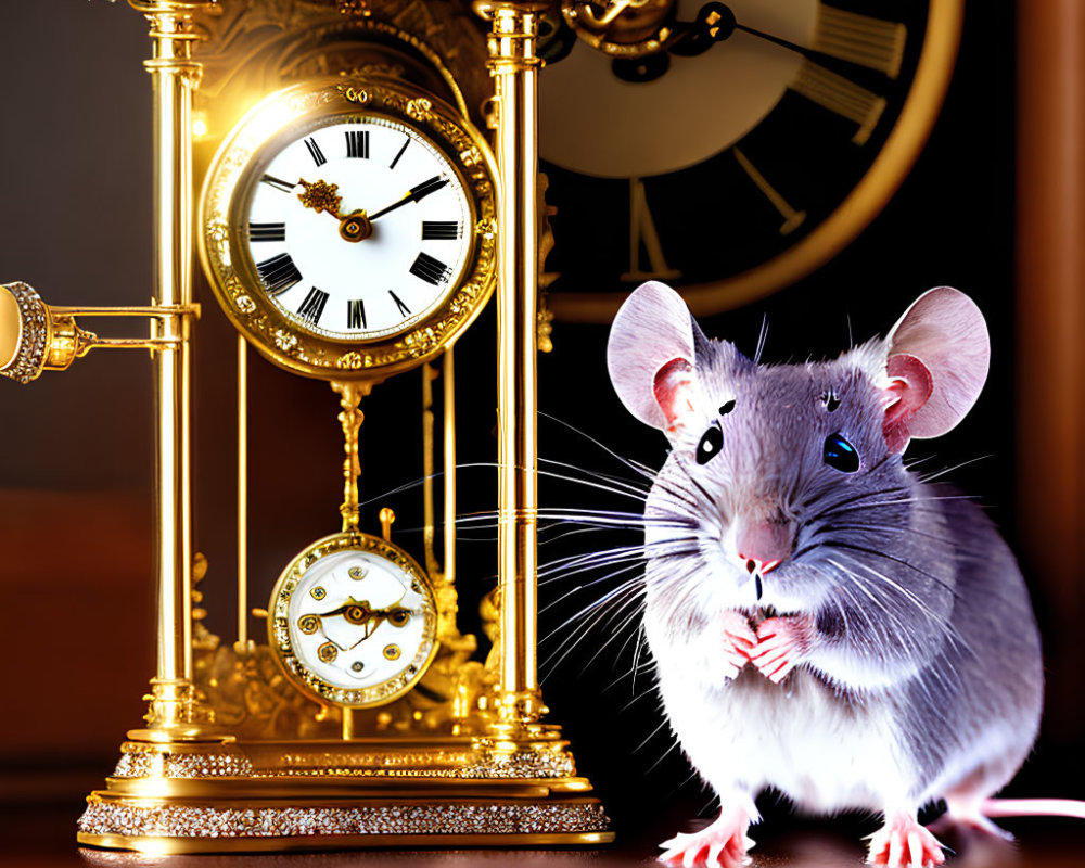 Grey Mouse beside Ornate Golden Pendulum Clock