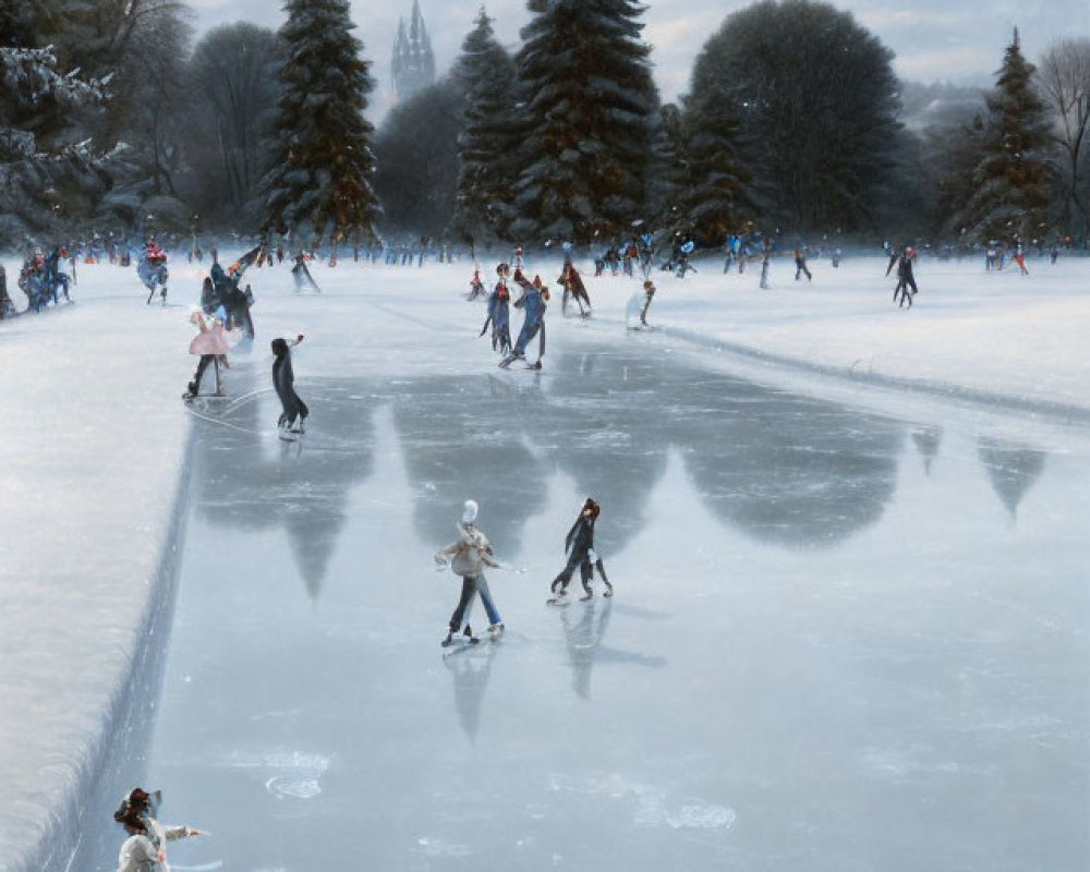 Outdoor ice skating on frozen rink with snowy trees and wintry background