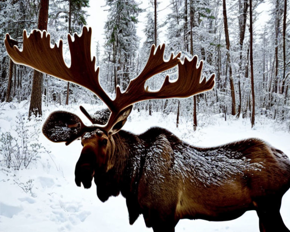 Large-antlered moose in snowy forest with snow-covered trees