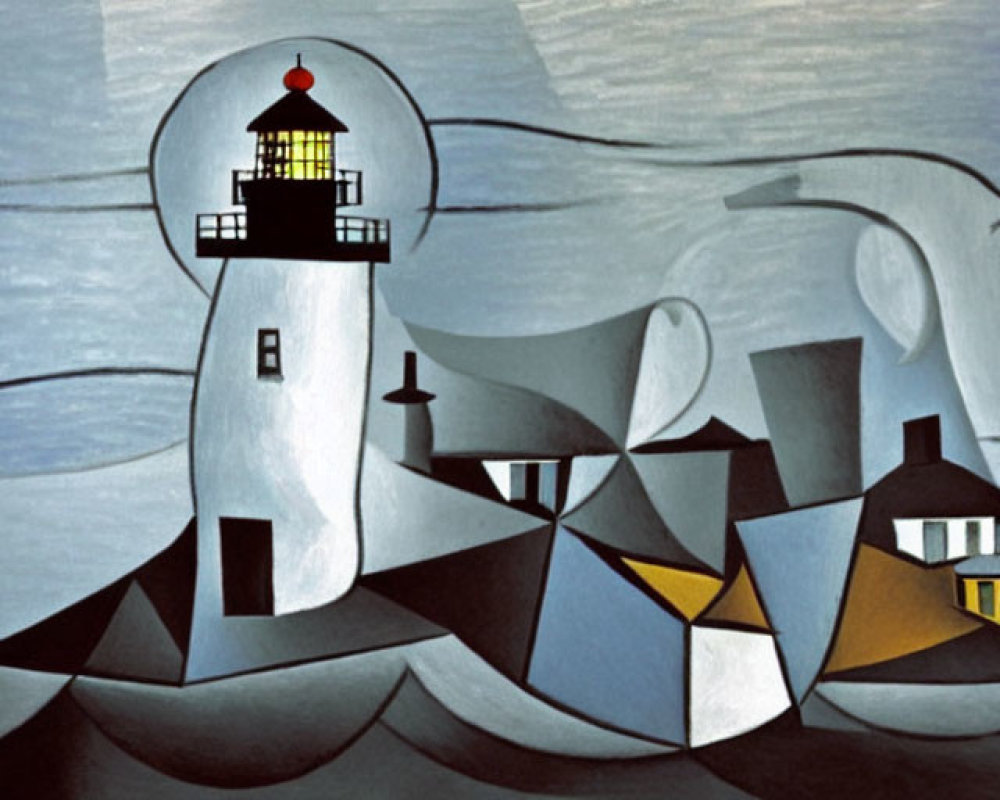 Stylized painting of lighthouse on hills with abstract houses and wave patterns under grey sky