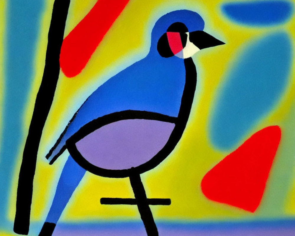 Stylized blue bird with red eye patch on branch in abstract painting