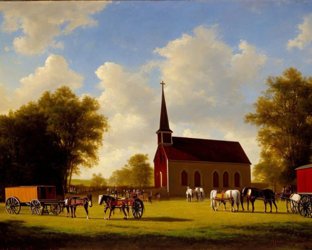 Rural Church Scene with People and Horses in 19th Century