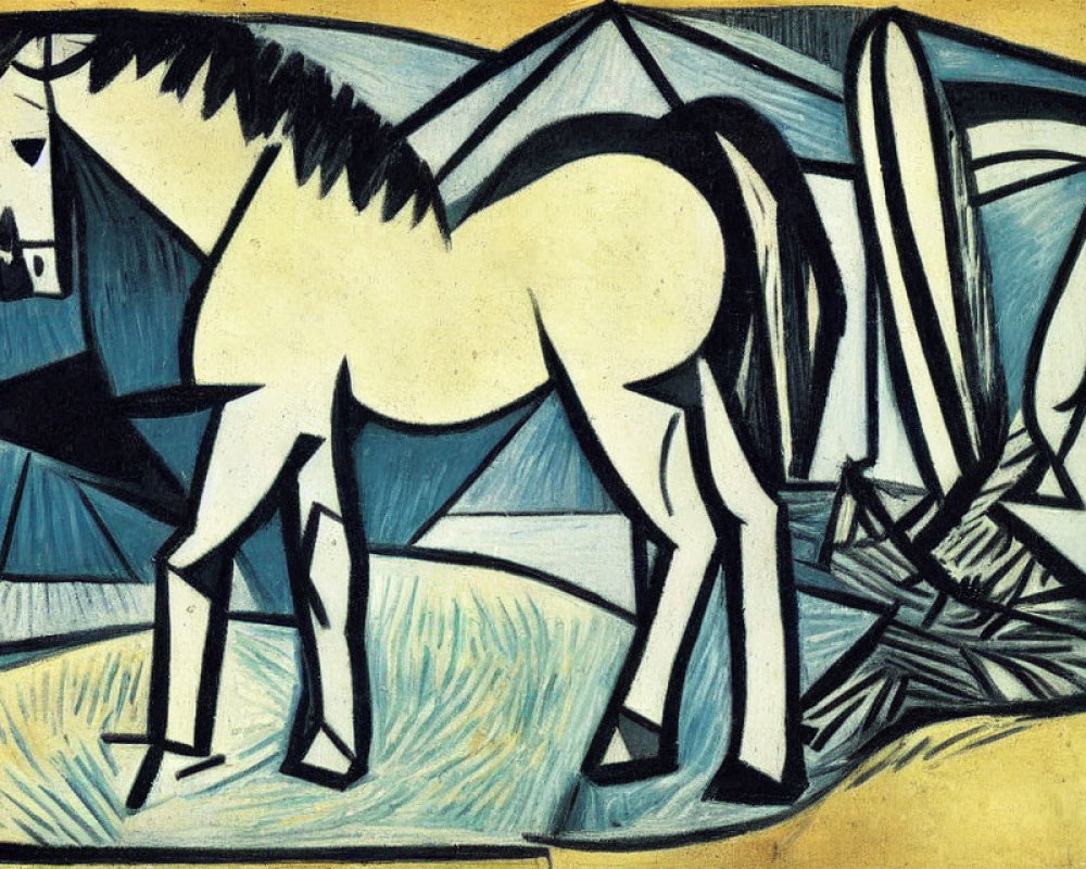 Cubist-style abstract horse with fragmented shapes in yellow and blue