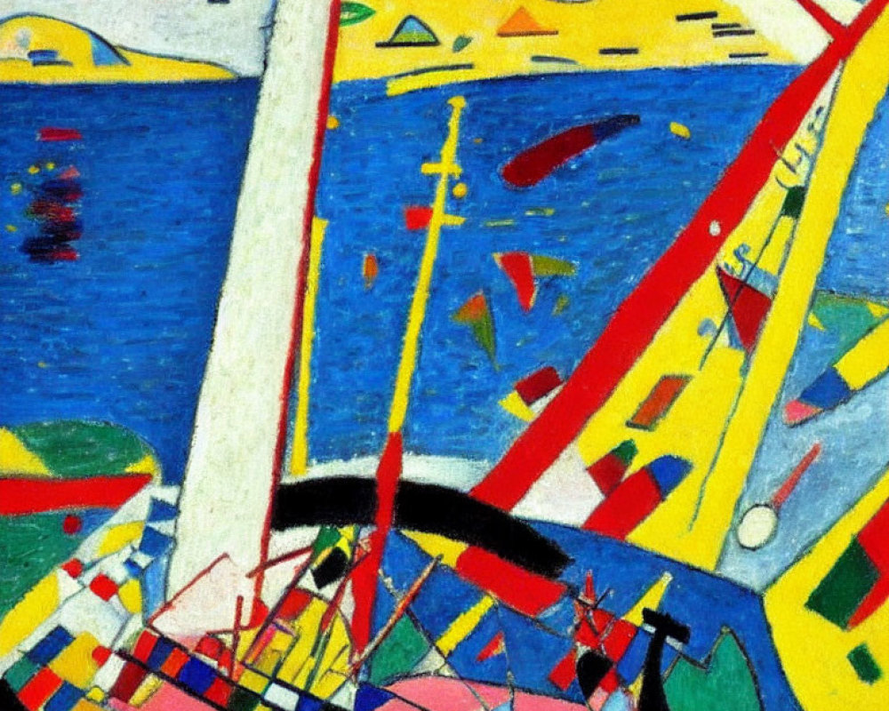 Vibrant abstract painting: sailboats, geometric shapes, blue water, yellow and red landscape