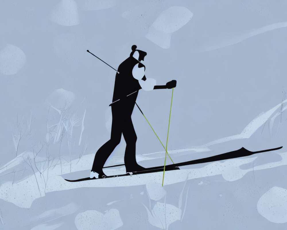 Stylized illustration of person cross-country skiing on snowy landscape