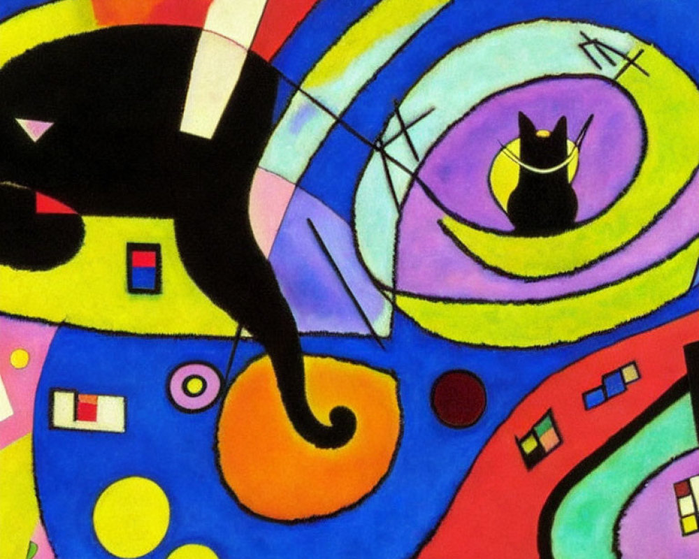 Colorful Abstract Painting with Geometric Shapes and Stylized Cats