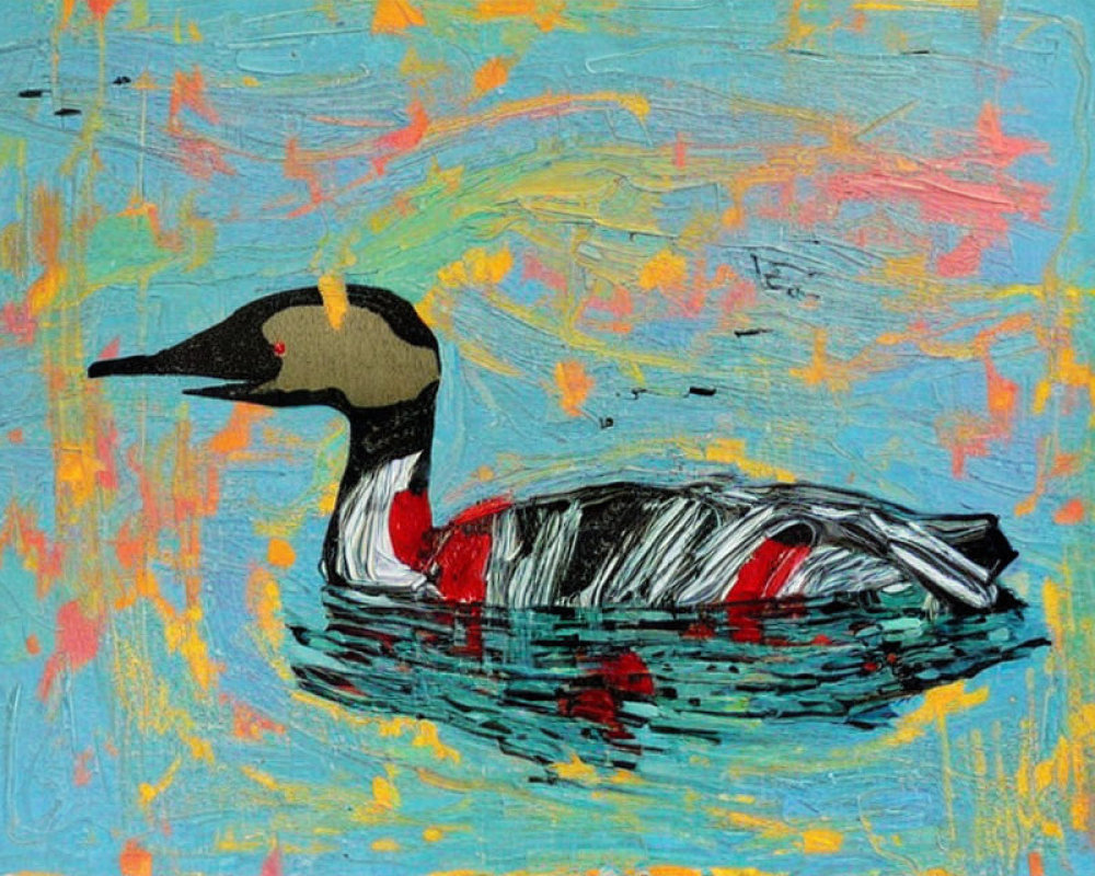 Vibrant abstract duck painting with colorful brushstrokes