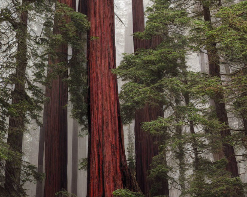 Misty Redwood Forest with Towering Trees and Winding Road