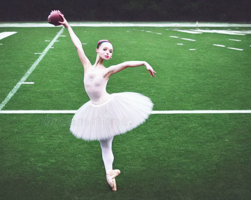 Ballerina in white tutu with football on field