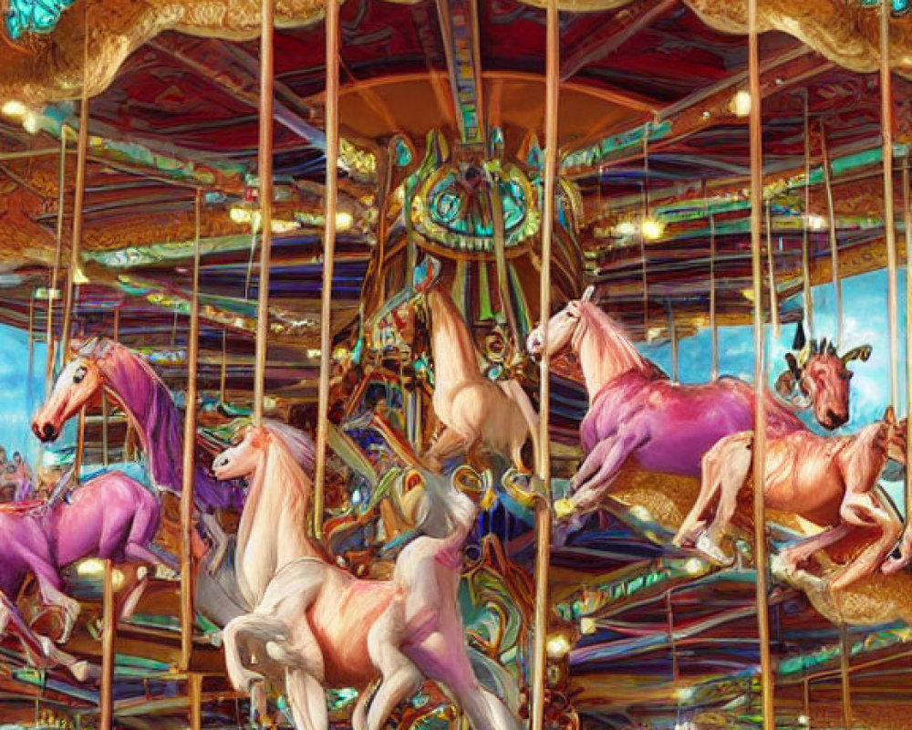 Colorful carousel with ornate decorations and painted horses under blue sky