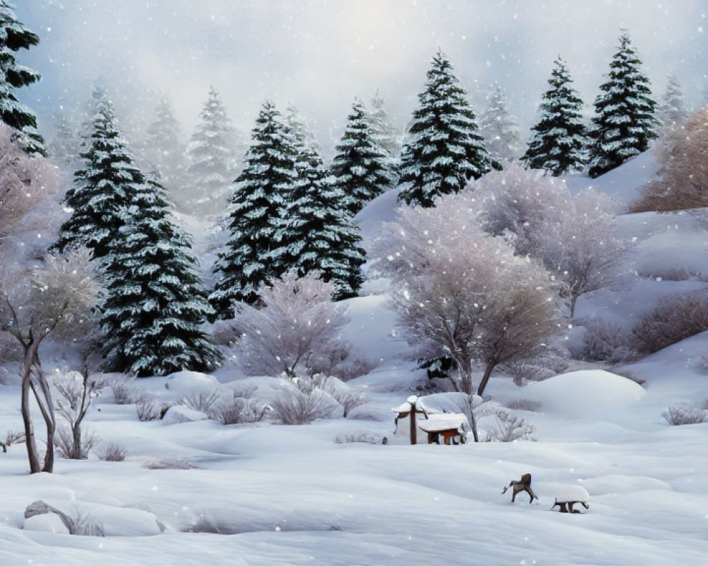 Snowy Winter Landscape with Trees, Animals, and Cabin