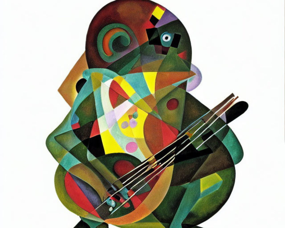 Colorful Cubist Frog with Violin Artwork on White Background