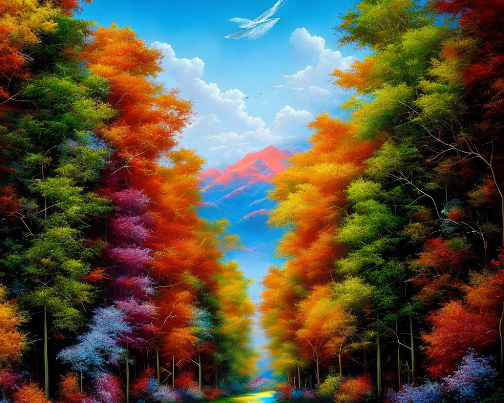 Vibrant forest pathway with distant mountain and blue sky.