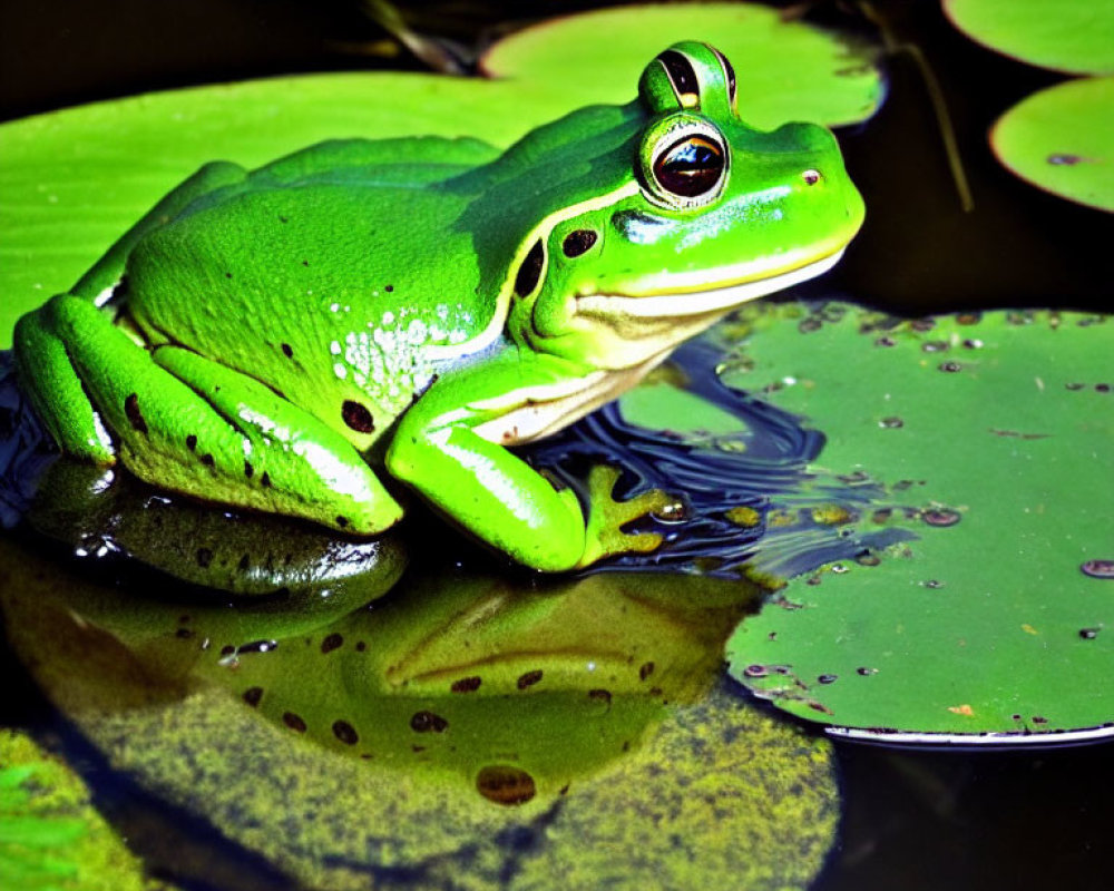 Green frog resting on lily pad in pond with reflections