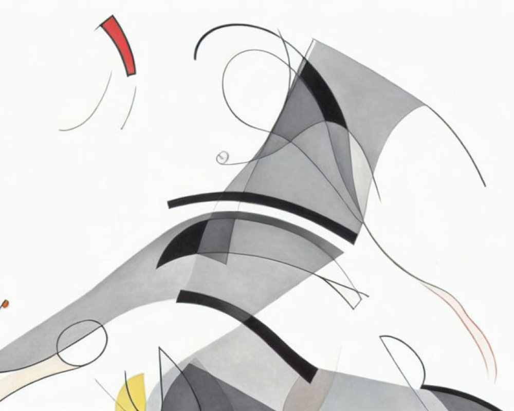 Monochromatic abstract art with flowing lines and geometric shapes in red, yellow, and gray on white