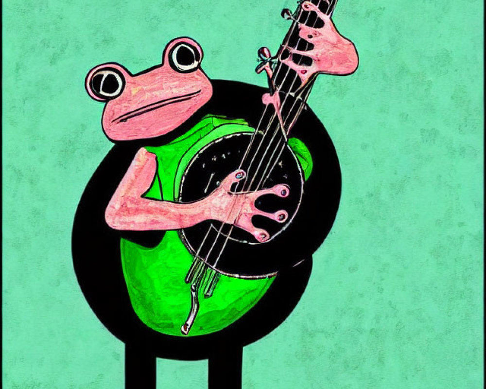 Whimsical frog playing pink bass guitar on teal background