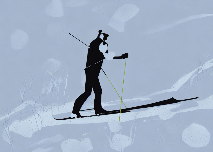 Stylized illustration of person cross-country skiing on snowy landscape