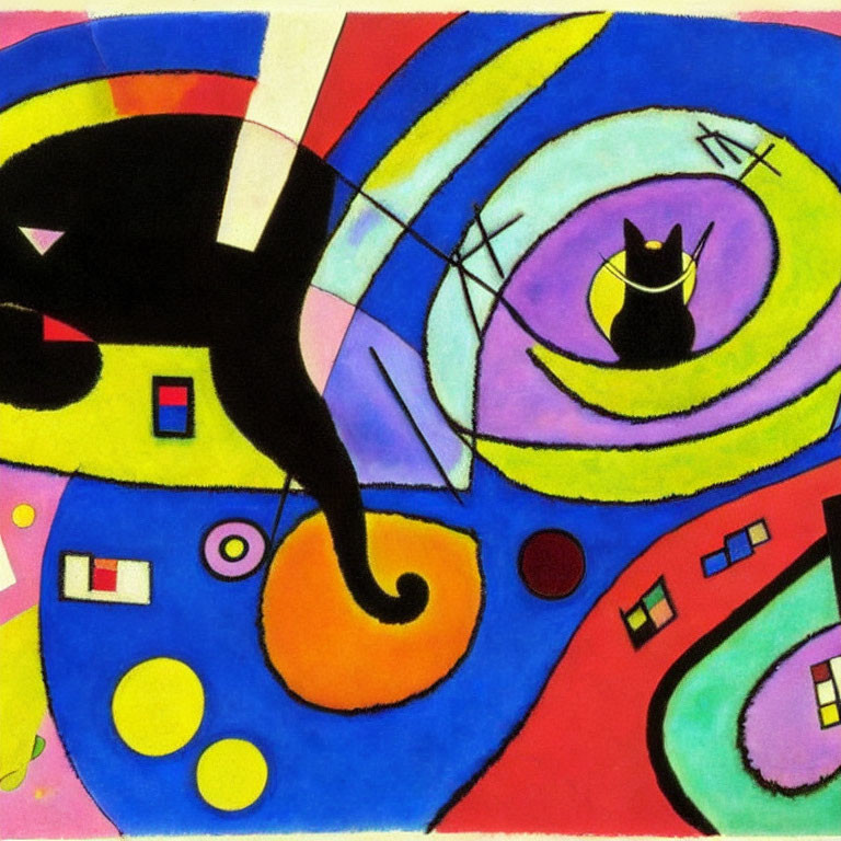 Colorful Abstract Painting with Geometric Shapes and Stylized Cats