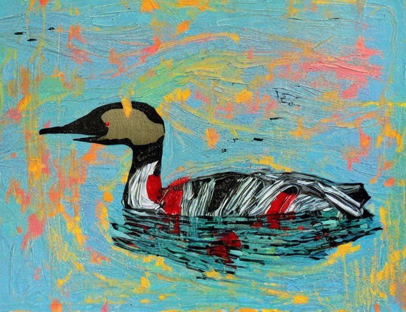 Vibrant abstract duck painting with colorful brushstrokes