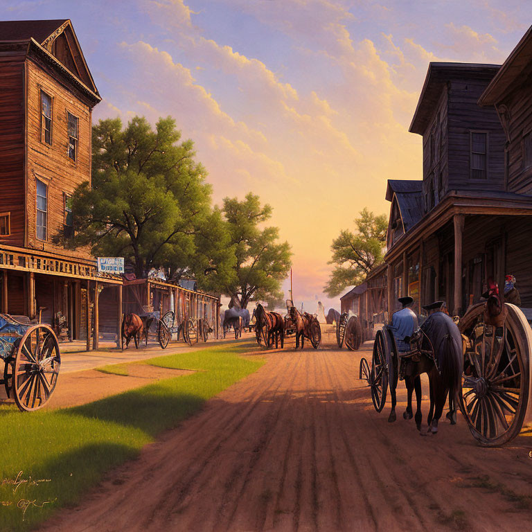 Serene sunset over dusty Western town with wooden buildings