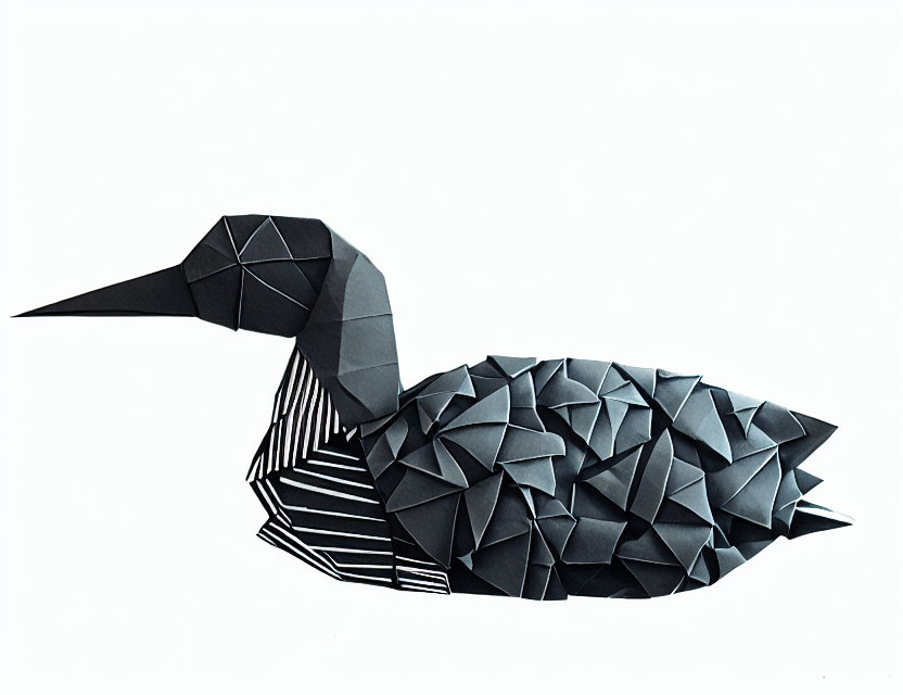 Geometric black and gray duck origami on white background