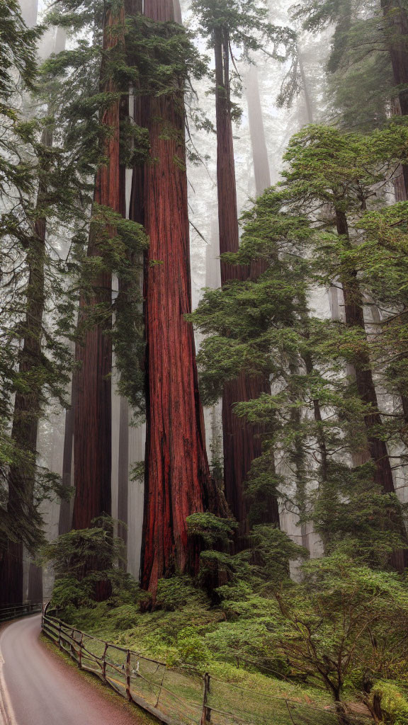 Misty Redwood Forest with Towering Trees and Winding Road