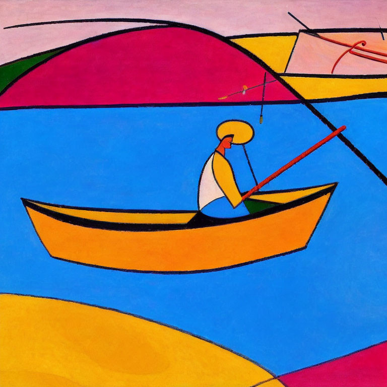 Vivid Abstract Painting: Person Rowing Boat on Blue Water