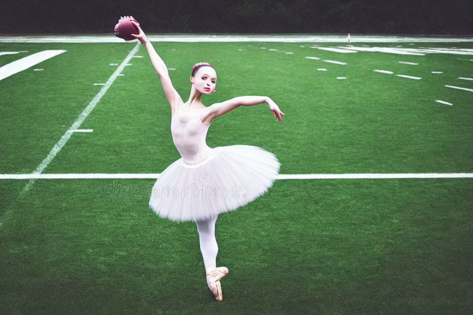 Ballerina in white tutu with football on field