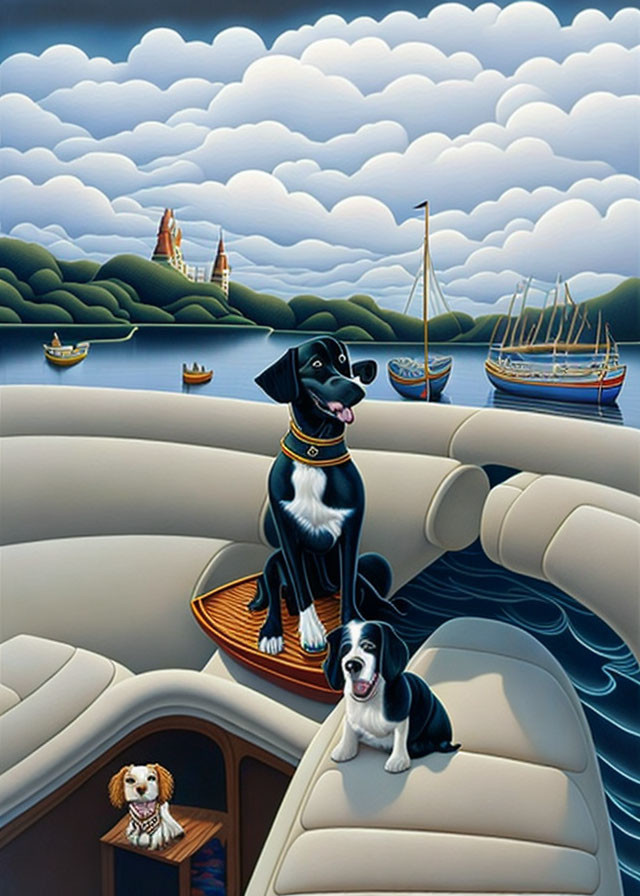 Three dogs on boats with ocean waves, clouds, islands, sailboats, and a castle