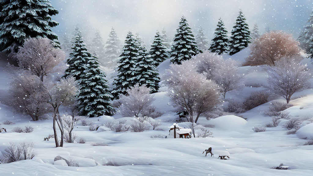 Snowy Winter Landscape with Trees, Animals, and Cabin