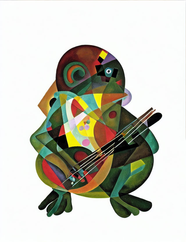 Colorful Cubist Frog with Violin Artwork on White Background